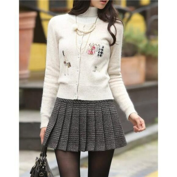 Plaid Wool Pleated Mini Skirt High Waisted A Line Short Winter Skirt Women - Picture 2 of 5